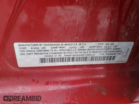2006 Volkswagen Jetta 1.9L TDI z VIN 3VWDT81K66M799910, wystawiony jako Copart lot #84891494 z przebiegiem 263 716 mil mil oraz Szkoda całkowita • Salvage title. Historia ofert i sprzedaży dostępna na DreamBid. Obrazek 14.