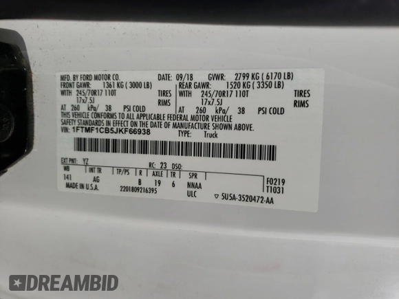 2018 Ford F-150 XL z VIN 1FTMF1CB5JKF66938, wystawiony jako Copart lot #53267555 z przebiegiem 89 692 mil mil oraz Szkoda całkowita • Salvage title. Historia ofert i sprzedaży dostępna na DreamBid. Obrazek 13.