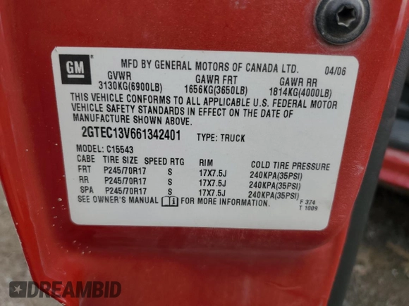 2006 GMC Sierra 1500 SL z VIN 2GTEC13V661342401, wystawiony jako Copart lot #53716275 z przebiegiem 318 308 mil mil oraz Nie do naprawy • Non repairable. Historia ofert i sprzedaży dostępna na DreamBid. Obrazek 15.