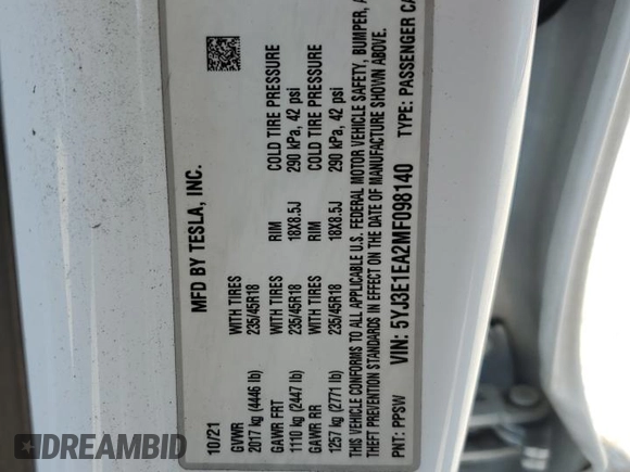 2021 Tesla Model 3 Standard Range Plus z VIN 5YJ3E1EA2MF098140, wystawiony jako Copart lot #73658044 z przebiegiem 118 452 mil mil oraz Szkoda całkowita • Salvage title. Historia ofert i sprzedaży dostępna na DreamBid. Obrazek 13.