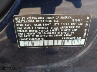 2012 Volkswagen Passat SE with VIN 1VWBP7A31CC036754, listed as a IAAI auction lot 41720013 with 130,139 mi miles. Bid and sale history available at carsss.com. Image 9.