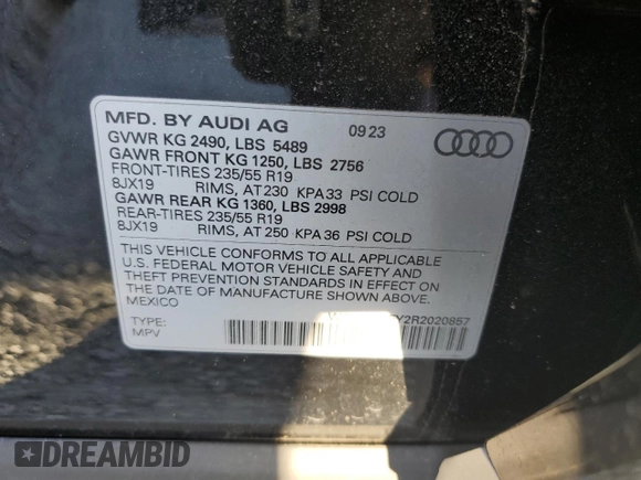 2024 Audi Q5 S line Premium with VIN WA1GAAFY2R2020857, listed as a Copart auction lot 45205825 with 0 mi miles and Clean Title. Bid and sale history available at carsss.com. Image 14.