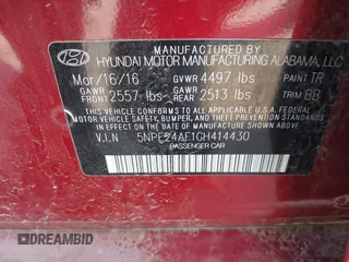 2016 Hyundai Sonata SE with VIN 5NPE24AF1GH414430, listed as a IAAI auction lot 41810672 with 137,187 mi miles and . Bid and sale history available at carsss.com. Image 9.