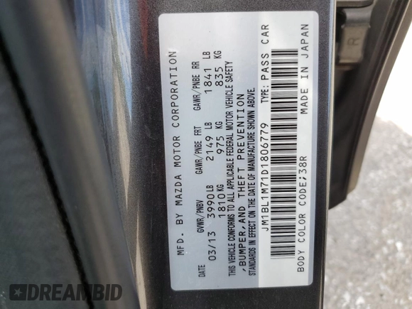 2013 Mazda 3 i Grand Touring with VIN JM1BL1M71D1806779, listed as a Copart auction lot 58071825 with 126,838 mi miles and Salvage title. Bid and sale history available at DreamBid. Image 12.