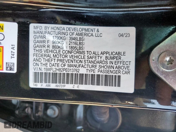 2023 Honda Civic Sport with VIN 19XFL2H82PE013762, listed as a Copart auction lot 52256325 with 26,532 mi miles and Salvage Title. Bid and sale history available at DreamBid. Image 12.