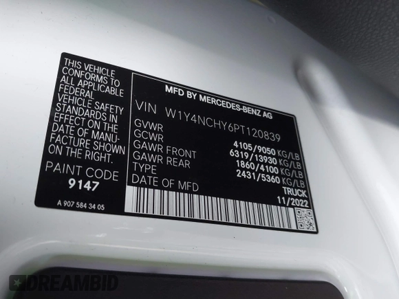2023 Mercedes-Benz Sprinter Cargo with VIN W1Y4NCHY6PT120839, listed as a IAAI auction lot 40963564 with 128,639 mi miles. Bid and sale history available at carsss.com. Image 9.