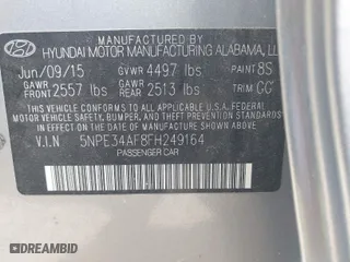 2015 Hyundai Sonata 2.4L Sport with VIN 5NPE34AF8FH249164, listed as a IAAI auction lot 41922082 with 60,184 mi miles. Bid and sale history available at carsss.com. Image 9.
