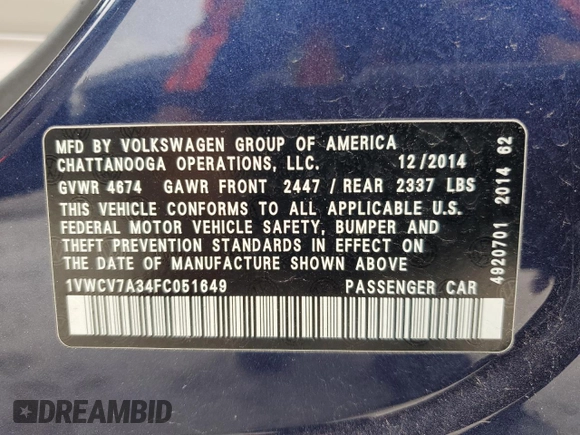 2015 Volkswagen Passat SEL Premium with VIN 1VWCV7A34FC051649, listed as a Copart auction lot 57794895 with 159,824 mi miles and Salvage title. Bid and sale history available at DreamBid. Image 13.