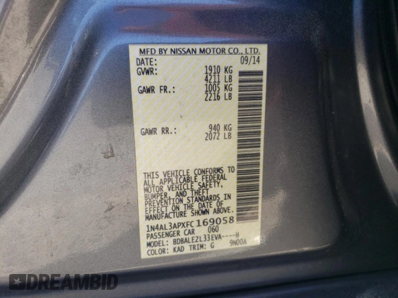 2015 Nissan Altima SV with VIN 1N4AL3APXFC169058, listed as a Copart auction lot 42037925 with 122,128 mi miles and Salvage Title. Bid and sale history available at DreamBid. Image 12.