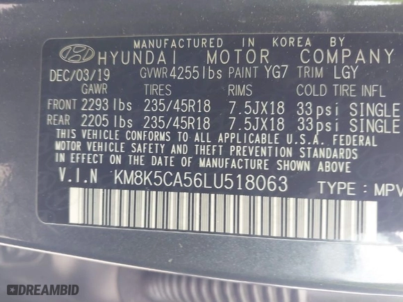 2020 Hyundai Kona Ultimate with VIN KM8K5CA56LU518063, listed as a IAAI auction lot 41911813 with 69,087 mi miles. Bid and sale history available at carsss.com. Image 9.