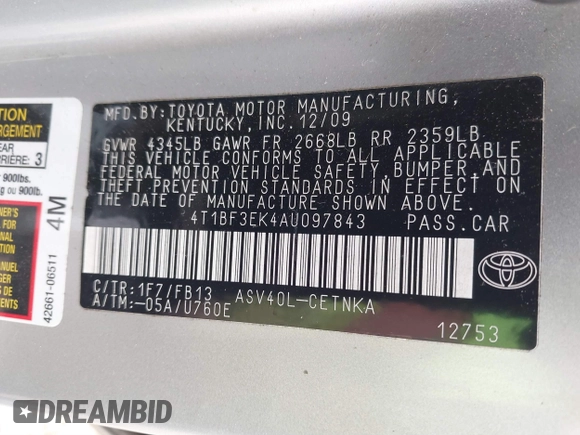 2010 Toyota Camry with VIN 4T1BF3EK4AU097843, listed as a IAAI auction lot 41680135 with 200,016 mi miles and . Bid and sale history available at DreamBid. Image 9.
