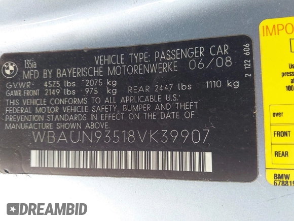2008 BMW 1 Series 135i with VIN WBAUN93518VK39907, listed as a IAAI auction lot 41914682 with Not provided miles and . Bid and sale history available at DreamBid. Image 9.