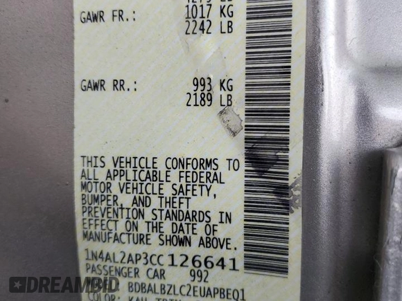2012 Nissan Altima 2.5 SL with VIN 1N4AL2AP3CC126641, listed as a Copart auction lot 53520285 with 0 mi miles and Salvage Title. Bid and sale history available at carsss.com. Image 13.