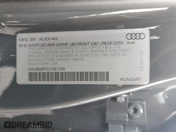 2018 Audi A3 Sedan Premium with VIN WAUB8GFF5J1081236, listed as a Copart auction lot 39261764 with 39,304 mi miles. Bid and sale history available at carsss.com. Image 12.