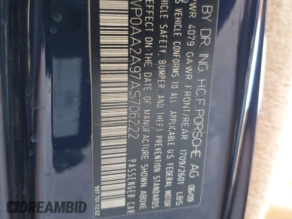 2010 Porsche 911 Carrera with VIN WP0AA2A97AS706222, listed as a Copart auction lot 88670565 with 70,665 mi miles and Salvage Title. Bid and sale history available at DreamBid. Image 12.