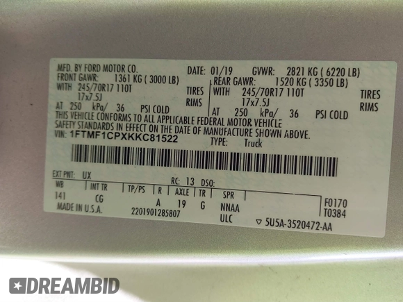2019 Ford F-150 XL with VIN 1FTMF1CPXKKC81522, listed as a IAAI auction lot 41763416 with 375,402 mi miles. Bid and sale history available at carsss.com. Image 9.