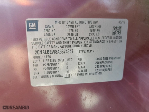 2010 Chevrolet Equinox LS with VIN 2CNALBEW8A6374347, listed as a Copart auction lot 51434704 with 0 mi miles and Salvage Title. Bid and sale history available at carsss.com. Image 12.