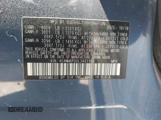 2020 Subaru Ascent Limited with VIN 4S4WMAPDXL3431165, listed as a IAAI auction lot 41933003 with 60,121 mi miles and . Bid and sale history available at DreamBid. Image 9.