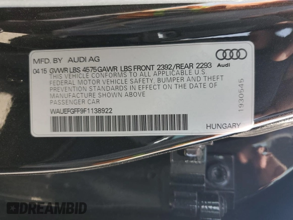 2015 Audi A3 Premium Plus z VIN WAUEFGFF9F1138922, wystawiony jako Copart lot #49503775 z przebiegiem 83 841 mil mil oraz Szkoda całkowita • Salvage title. Historia ofert i sprzedaży dostępna na DreamBid. Obrazek 13.