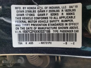 2019 Honda Civic Sedan LX with VIN 19XFC2F6XKE037186, listed as a Copart auction lot 53272305 with 128,186 mi miles and Non Repairable. Bid and sale history available at carsss.com. Image 12.