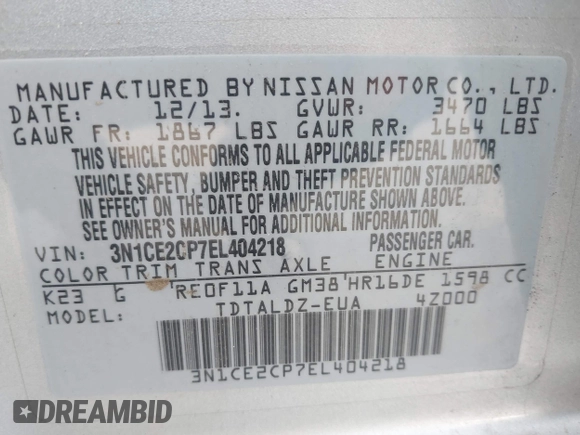 2014 Nissan Note S with VIN 3N1CE2CP7EL404218, listed as a IAAI auction lot 41476641 with 122,058 mi miles and . Bid and sale history available at DreamBid. Image 9.