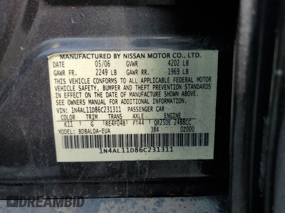 2006 Nissan Altima S z VIN 1N4AL11D86C231311, wystawiony jako Copart lot #59873075 z przebiegiem 69 414 mil mil oraz Szkoda całkowita • Salvage title. Historia ofert i sprzedaży dostępna na DreamBid. Obrazek 12.