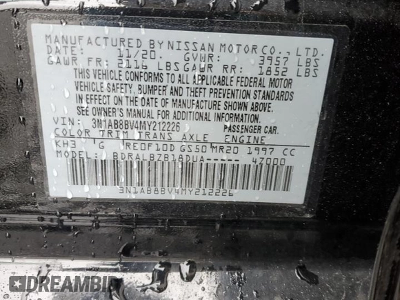 2021 Nissan Sentra S with VIN 3N1AB8BV4MY212226, listed as a Copart auction lot 52801545 with 62,279 mi miles and Salvage Title. Bid and sale history available at DreamBid. Image 14.