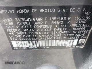 2015 Honda Fit EX-L with VIN 3HGGK5H89FM742260, listed as a IAAI auction lot 41707676 with 97,543 mi miles. Bid and sale history available at carsss.com. Image 9.