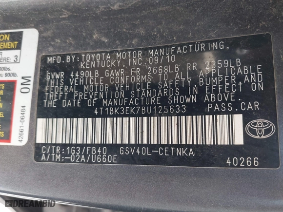 2011 Toyota Camry LE with VIN 4T1BK3EK7BU125633, listed as a IAAI auction lot 41837926 with 257,943 mi miles. Bid and sale history available at carsss.com. Image 9.
