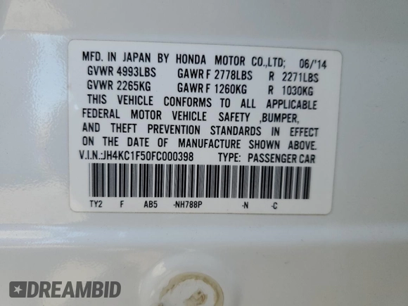 2015 Acura RLX Tech Pkg with VIN JH4KC1F50FC000398, listed as a Copart auction lot 41643615 with 122,834 mi miles and Salvage Title. Bid and sale history available at carsss.com. Image 12.