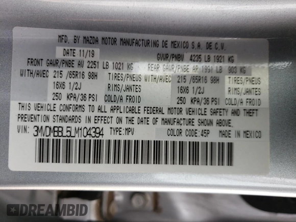 2020 Mazda CX-30 with VIN 3MVDMBBL5LM104394, listed as a Copart auction lot 49999244 with 34,717 mi miles and . Bid and sale history available at DreamBid. Image 13.