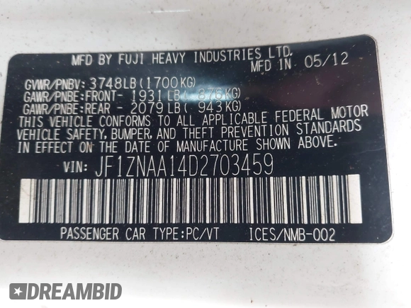 2013 Scion FR-S with VIN JF1ZNAA14D2703459, listed as a IAAI auction lot 42200950 with 161,343 mi miles and . Bid and sale history available at DreamBid. Image 9.