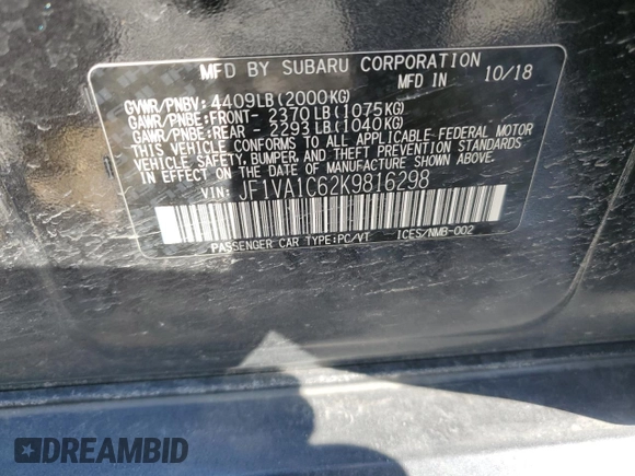 2019 Subaru WRX Premium with VIN JF1VA1C62K9816298, listed as a Copart auction lot 48968745 with 79,810 mi miles and Salvage Title. Bid and sale history available at carsss.com. Image 14.