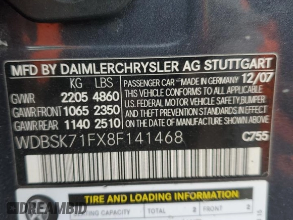 2008 Mercedes-Benz SL 550 with VIN WDBSK71FX8F141468, listed as a Copart auction lot 61036285 with 109,698 mi miles and Salvage title. Bid and sale history available at DreamBid. Image 12.