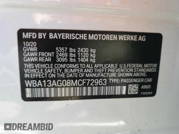 2021 BMW 5 Series 530e with VIN WBA13AG08MCF72963, listed as a Copart auction lot 77743654 with Not Provided miles and Non Repairable. Bid and sale history available at carsss.com. Image 12.