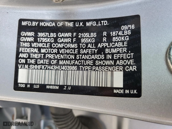 2017 Honda Civic Hatchback Sport with VIN SHHFK7H43HU403986, listed as a Copart auction lot 48509925 with 118,510 mi miles and Salvage Title. Bid and sale history available at carsss.com. Image 14.