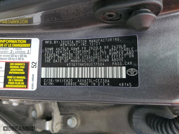 2022 Toyota Camry SE with VIN 4T1G11AK5NU017504, listed as a Copart auction lot 44954925 with 107,225 mi miles and Salvage Title. Bid and sale history available at carsss.com. Image 12.