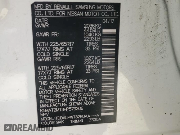 2017 Nissan Rogue SV with VIN KNMAT2MT3HP579306, listed as a Copart auction lot 54263045 with 114,508 mi miles and Salvage title. Bid and sale history available at DreamBid. Image 13.