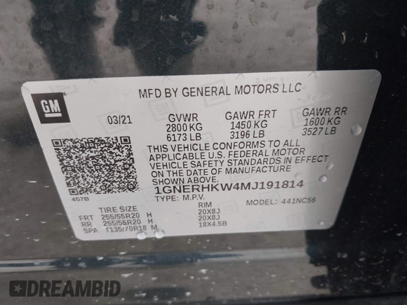 2021 Chevrolet Traverse LT with VIN 1GNERHKW4MJ191814, listed as a IAAI auction lot 42185544 with 87,493 mi miles and . Bid and sale history available at DreamBid. Image 9.