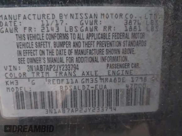 2018 Nissan Sentra S with VIN 3N1AB7AP2JY233794, listed as a IAAI auction lot 41855577 with 103,724 mi miles and . Bid and sale history available at DreamBid. Image 9.