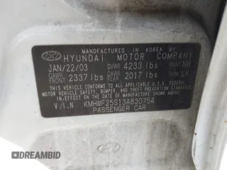 2003 Hyundai Sonata with VIN KMHWF25S13A830754, listed as a IAAI auction lot 41409518 with 207,849 mi miles. Bid and sale history available at carsss.com. Image 9.