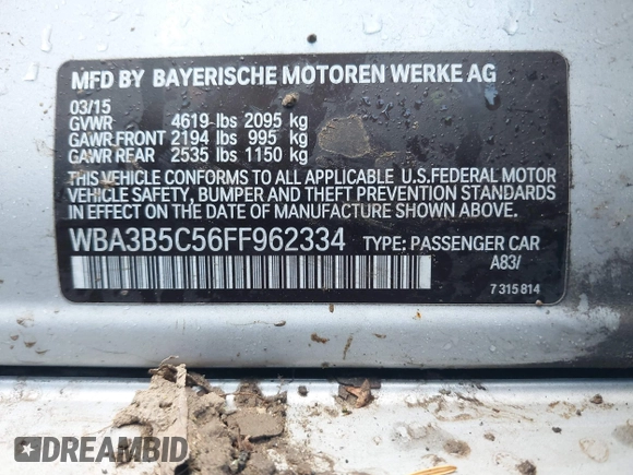 2015 BMW 3 Series 328i xDrive z VIN WBA3B5C56FF962334, wystawiony jako IAAI lot #41323621 z przebiegiem 33 419 mil mil oraz . Historia ofert i sprzedaży dostępna na DreamBid. Obrazek 9.
