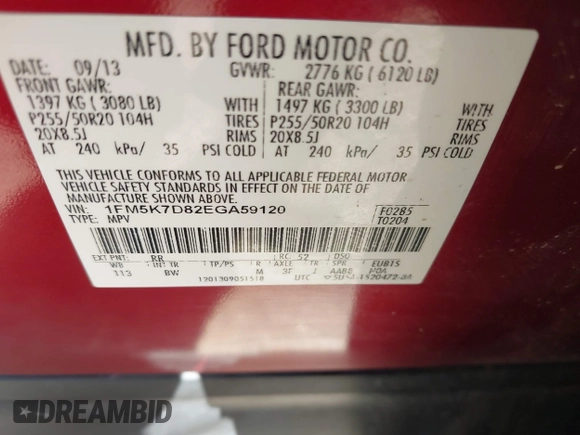 2014 Ford Explorer XLT with VIN 1FM5K7D82EGA59120, listed as a IAAI auction lot 42005255 with 159,791 mi miles. Bid and sale history available at carsss.com. Image 9.