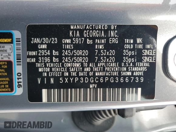2023 Kia Telluride EX X-Line with VIN 5XYP3DGC6PG366739, listed as a Copart auction lot 58835135 with 33,314 mi miles and Salvage title. Bid and sale history available at DreamBid. Image 14.