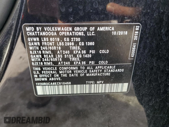 2019 Volkswagen Atlas SE with VIN 1V2UR2CA6KC510456, listed as a Copart auction lot 61210805 with 100,359 mi miles and Salvage title. Bid and sale history available at DreamBid. Image 12.