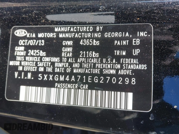 2014 Kia Optima LX with VIN 5XXGM4A71EG270298, listed as a IAAI auction lot 41839869 with 126,209 mi miles. Bid and sale history available at carsss.com. Image 9.