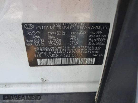 2020 Hyundai Santa Fe SEL with VIN 5NMS3CAD5LH138477, listed as a Copart auction lot 72519522 with 67,323 mi miles. Bid and sale history available at carsss.com. Image 14.