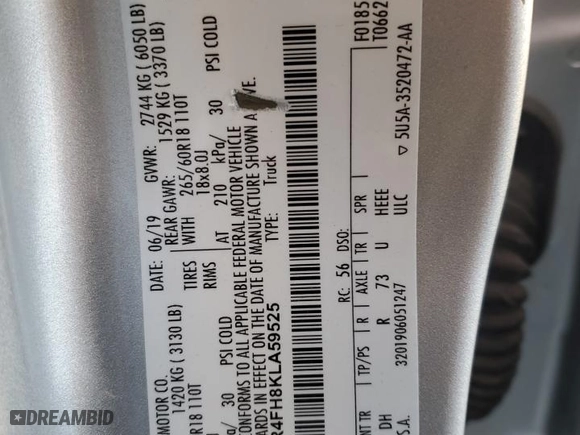 2019 Ford Ranger XL with VIN 1FTER4FH8KLA59525, listed as a Copart auction lot 87903505 with 73,369 mi miles and Salvage Title. Bid and sale history available at carsss.com. Image 14.