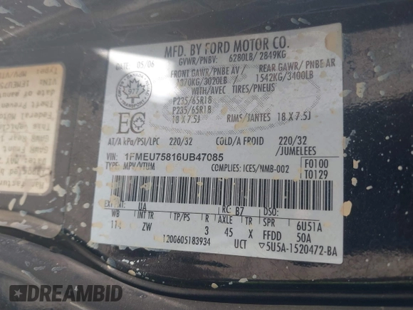 2006 Ford Explorer Limited с VIN 1FMEU75816UB47085, выставлен на аукционе IAAI как лот 42649186 с пробегом 196 606 миль миль и . История ставок и продаж доступна на DreamBid. Изображение 9.