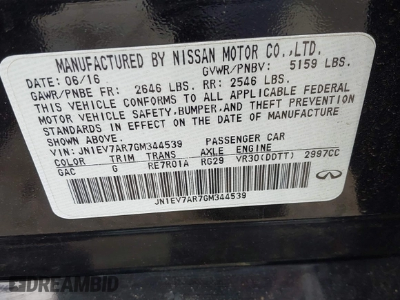 2016 Infiniti Q50 3.0t Premium with VIN JN1EV7AR7GM344539, listed as a IAAI auction lot 42040467 with 162,979 mi miles. Bid and sale history available at carsss.com. Image 9.